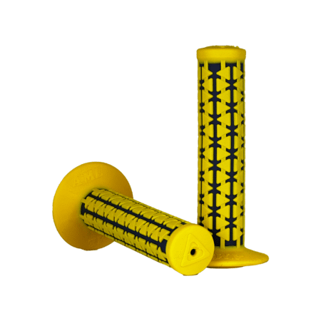 A'ME Dual BMX Grips – Yellow/Dark Blue, Dual-Compound Triangle Pattern Grips with Flange, Made in USA